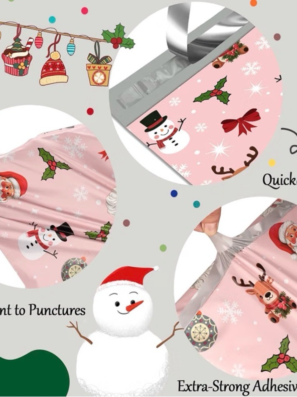 (20) Pink Holiday Polymailer Bags with Santa, Snowmen & Reindeer 6”x9” - Picture 5 of 16